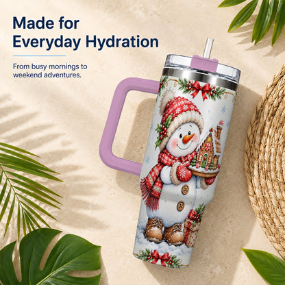 #pl[40oz|Pink] Snowman 40oz Tumbler with Handle, Gingerbread Holiday Steel Cup