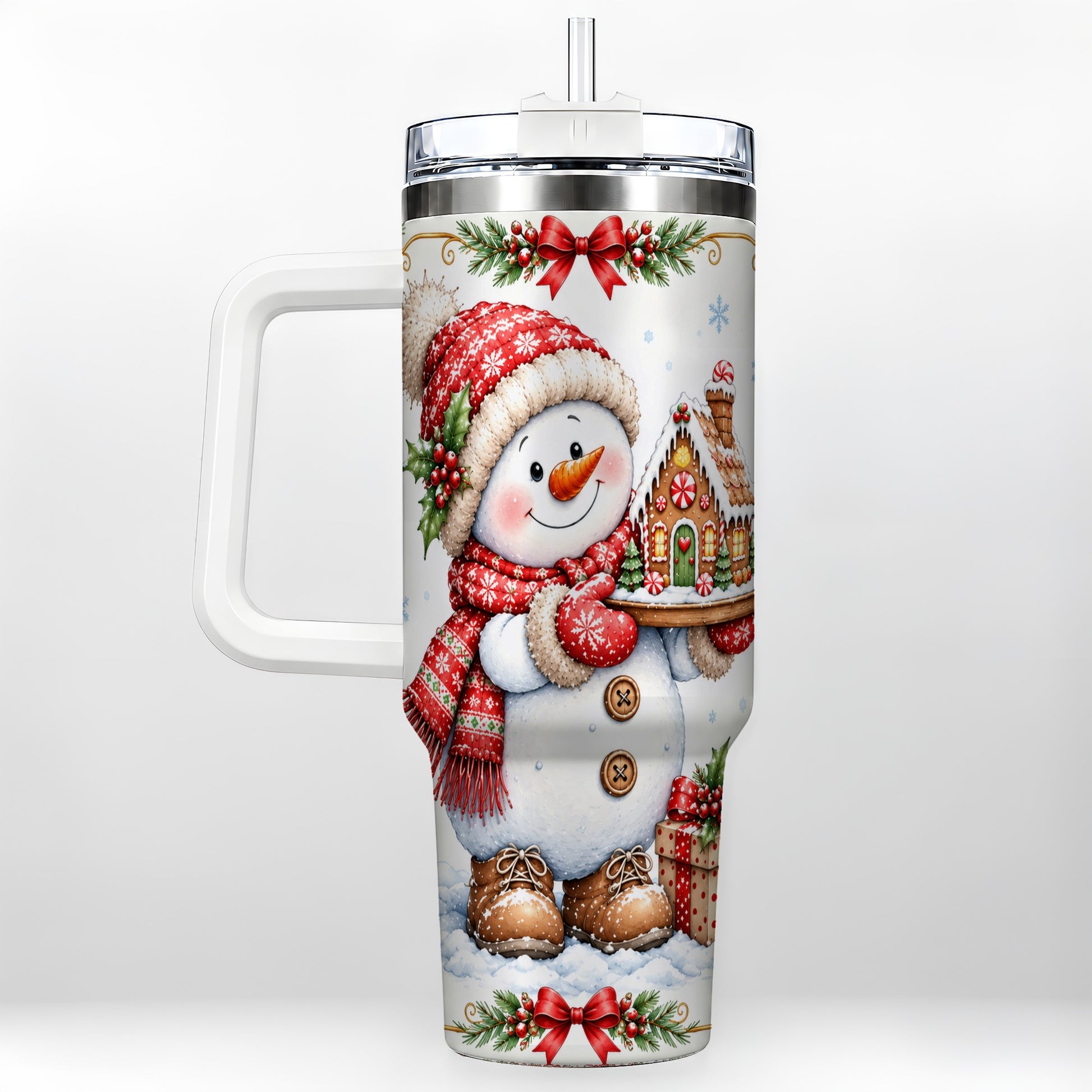 Snowman 40oz Tumbler with Handle, Gingerbread Holiday Steel Cup