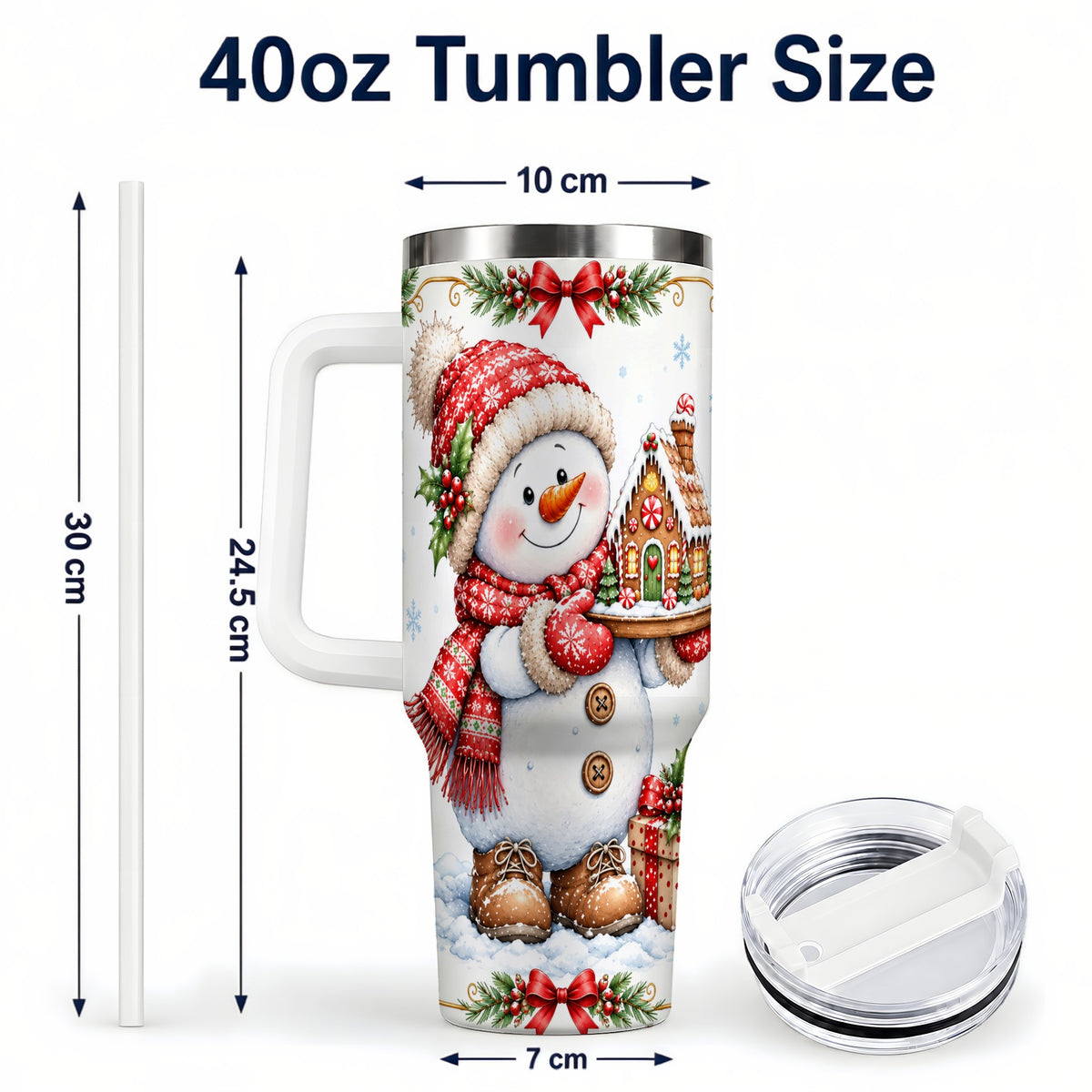 #pl[40oz|White] Snowman 40oz Tumbler with Handle, Gingerbread Holiday Steel Cup