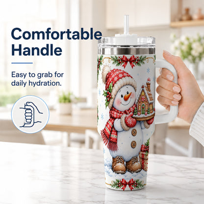 #pl[40oz|White] Snowman 40oz Tumbler with Handle, Gingerbread Holiday Steel Cup