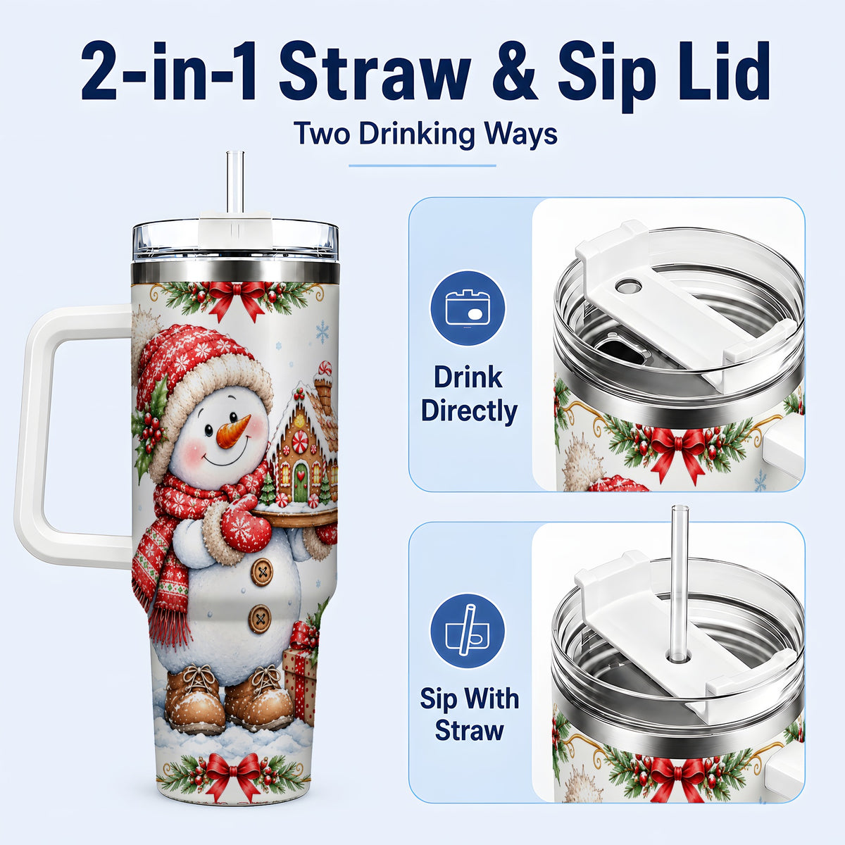 #pl[40oz|White] Snowman 40oz Tumbler with Handle, Gingerbread Holiday Steel Cup