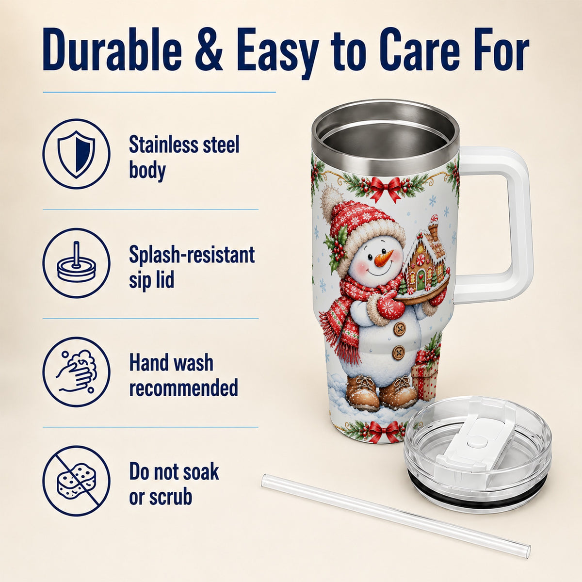 #pl[40oz|White] Snowman 40oz Tumbler with Handle, Gingerbread Holiday Steel Cup