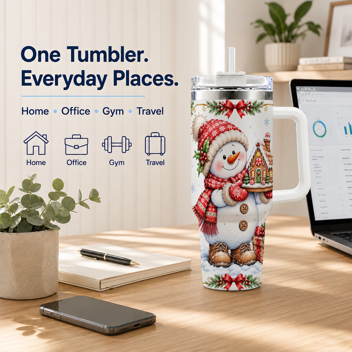 #pl[40oz|White] Snowman 40oz Tumbler with Handle, Gingerbread Holiday Steel Cup