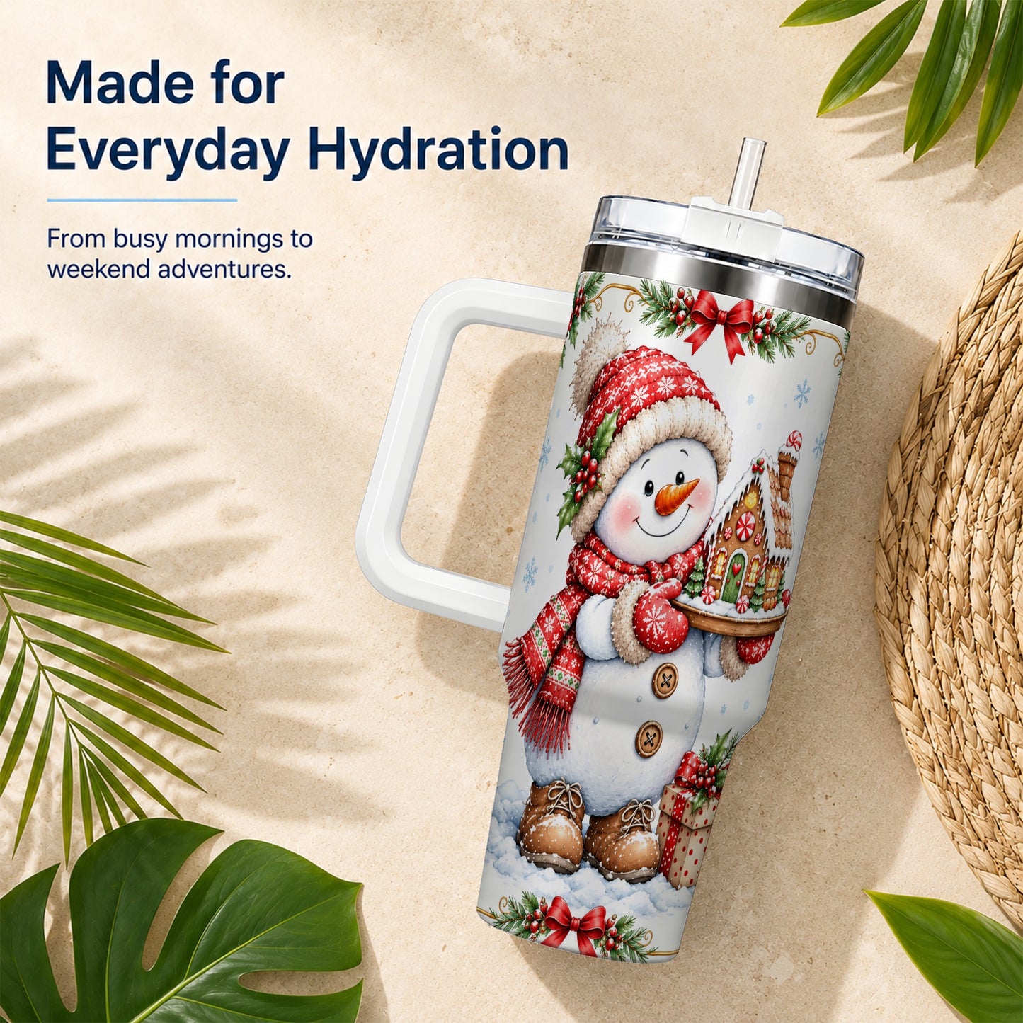 #pl[40oz|White] Snowman 40oz Tumbler with Handle, Gingerbread Holiday Steel Cup