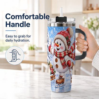 #pl[40oz|Black] Ice Skating Snowman 40oz Tumbler with Handle, Winter Stainless Steel Cup