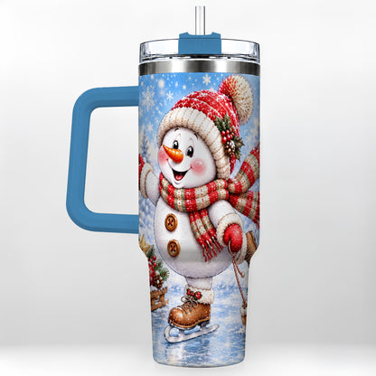 #pl[40oz|Blue] Ice Skating Snowman 40oz Tumbler with Handle, Winter Stainless Steel Cup