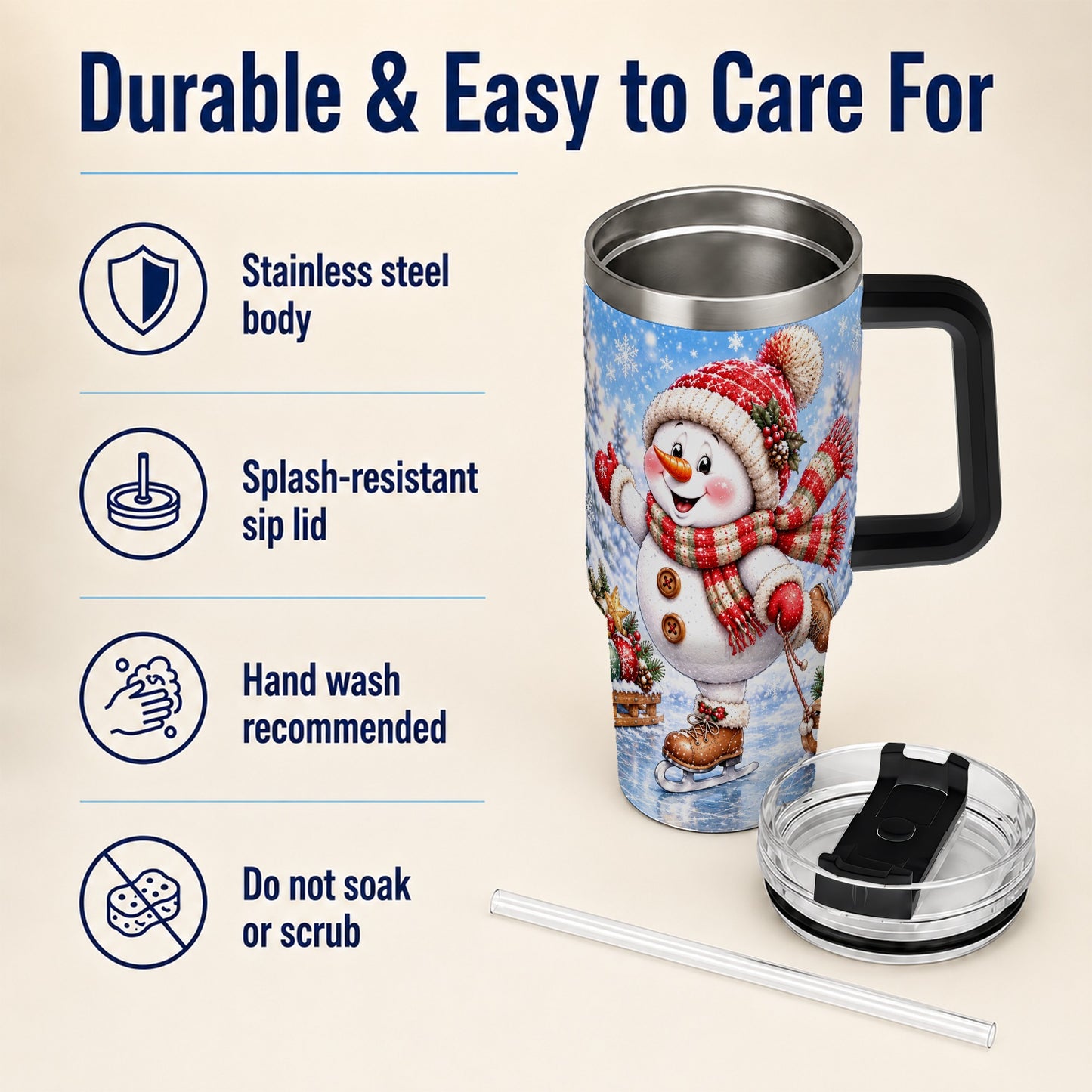 #pl[40oz|Black] Ice Skating Snowman 40oz Tumbler with Handle, Winter Stainless Steel Cup