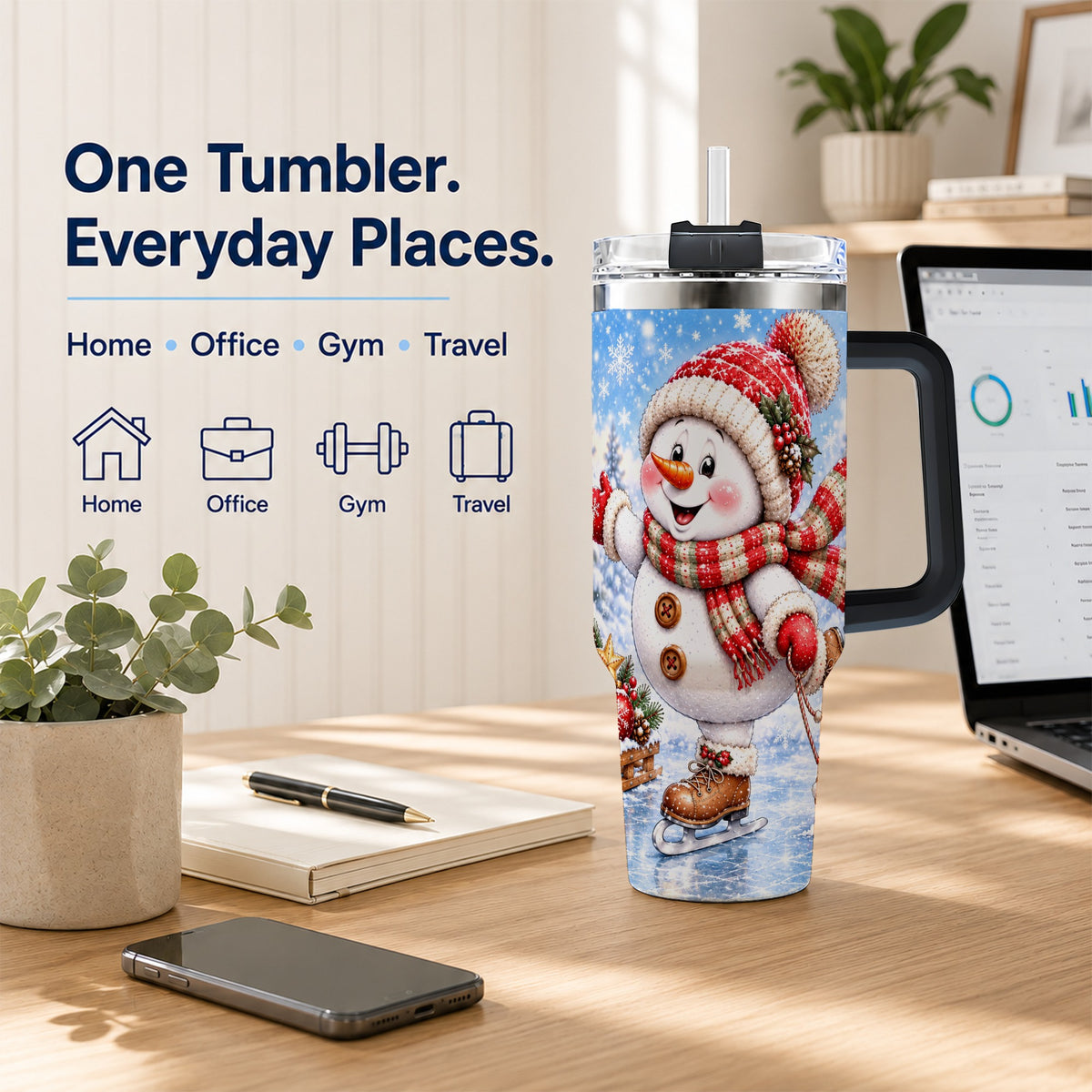 #pl[40oz|Black] Ice Skating Snowman 40oz Tumbler with Handle, Winter Stainless Steel Cup