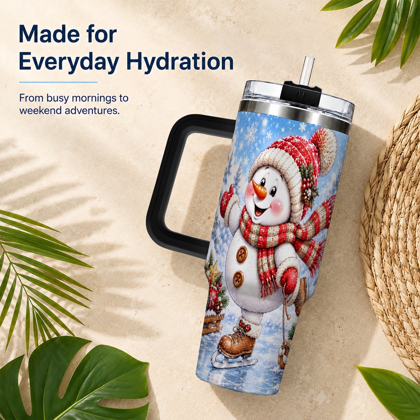 #pl[40oz|Black] Ice Skating Snowman 40oz Tumbler with Handle, Winter Stainless Steel Cup