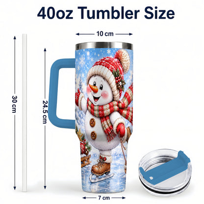 #pl[40oz|Blue] Ice Skating Snowman 40oz Tumbler with Handle, Winter Stainless Steel Cup