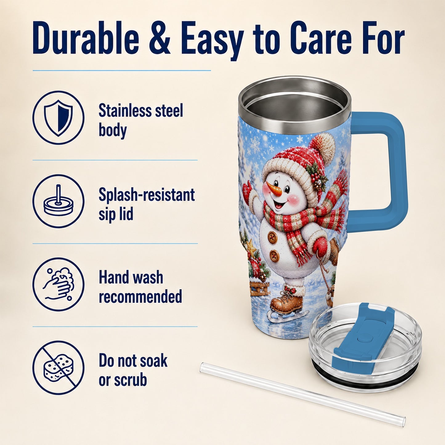 #pl[40oz|Blue] Ice Skating Snowman 40oz Tumbler with Handle, Winter Stainless Steel Cup