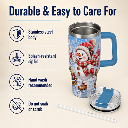 #pl[40oz|Blue] Ice Skating Snowman 40oz Tumbler with Handle, Winter Stainless Steel Cup