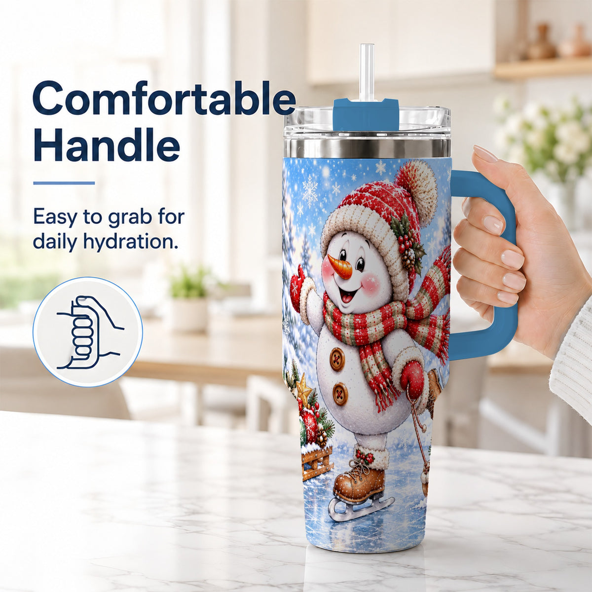 #pl[40oz|Blue] Ice Skating Snowman 40oz Tumbler with Handle, Winter Stainless Steel Cup