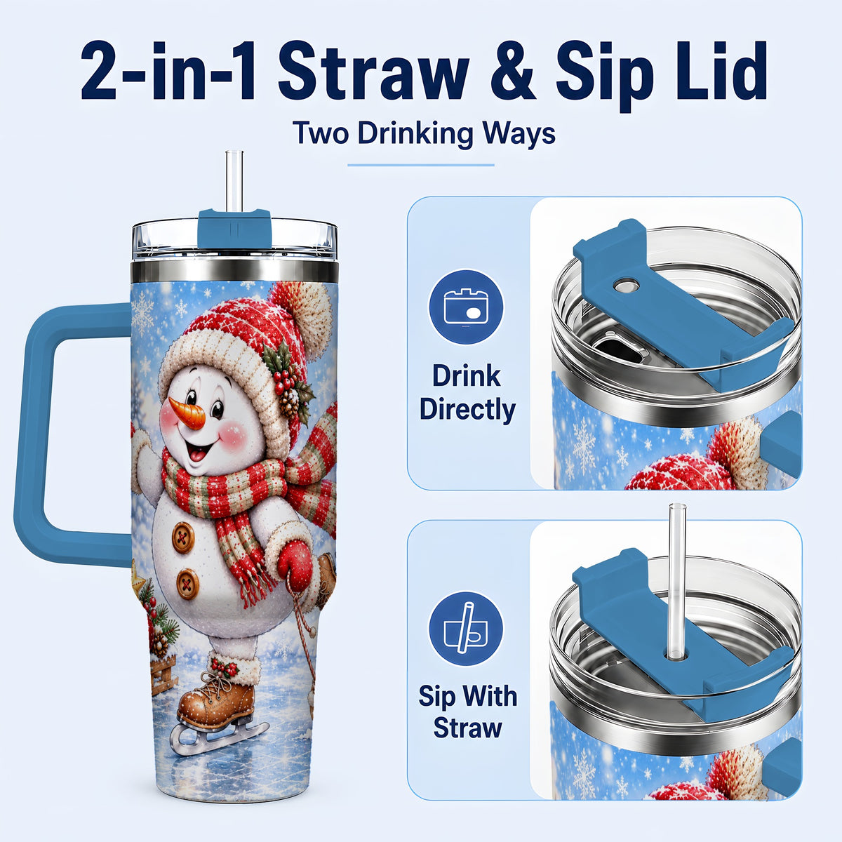 #pl[40oz|Blue] Ice Skating Snowman 40oz Tumbler with Handle, Winter Stainless Steel Cup