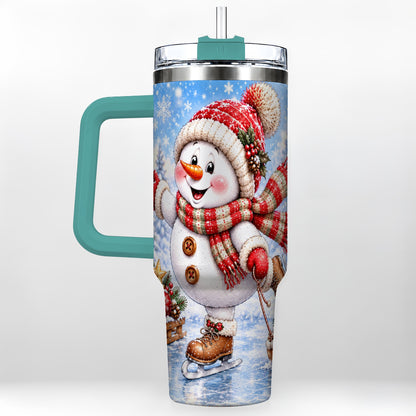 #pl[40oz|Green] Ice Skating Snowman 40oz Tumbler with Handle, Winter Stainless Steel Cup