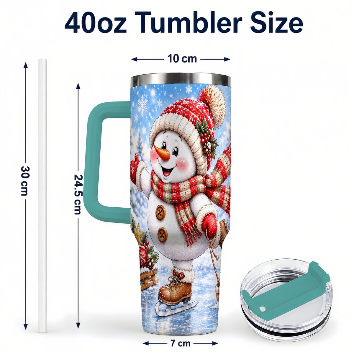 #pl[40oz|Green] Ice Skating Snowman 40oz Tumbler with Handle, Winter Stainless Steel Cup