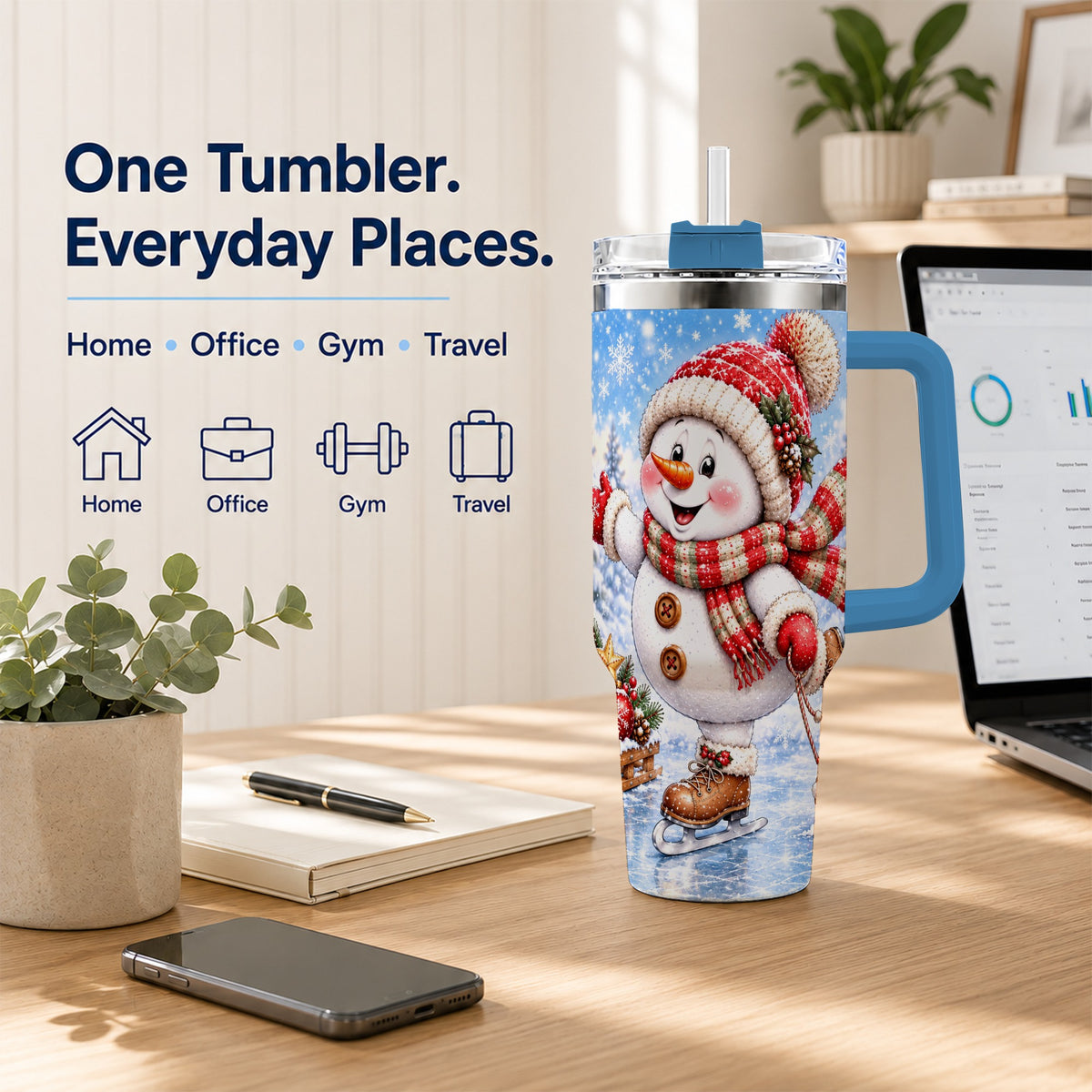 #pl[40oz|Blue] Ice Skating Snowman 40oz Tumbler with Handle, Winter Stainless Steel Cup