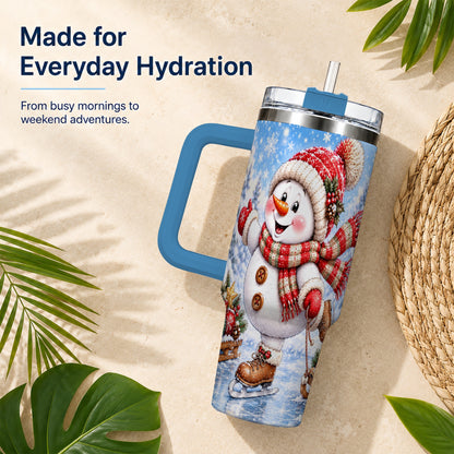 #pl[40oz|Blue] Ice Skating Snowman 40oz Tumbler with Handle, Winter Stainless Steel Cup