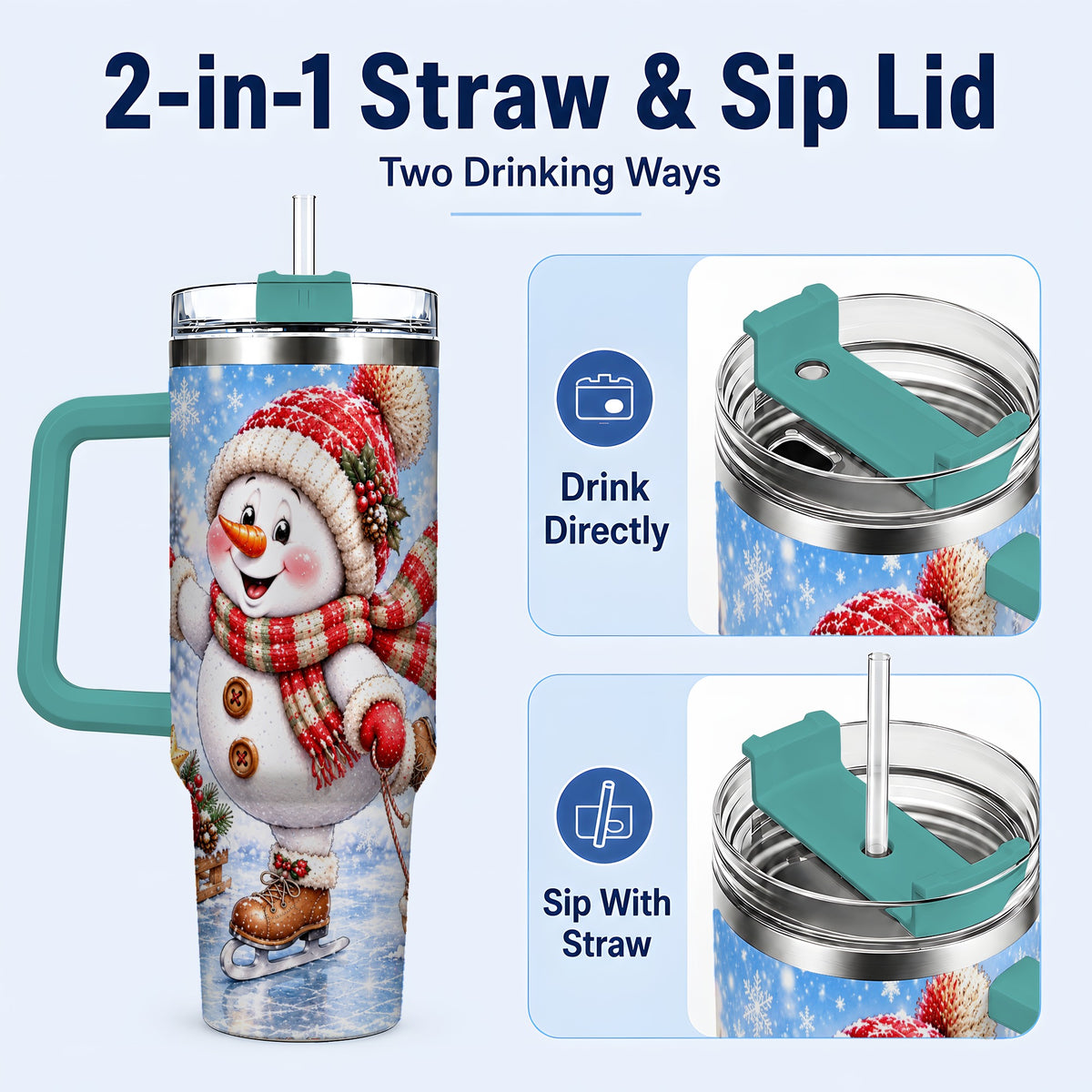 #pl[40oz|Green] Ice Skating Snowman 40oz Tumbler with Handle, Winter Stainless Steel Cup