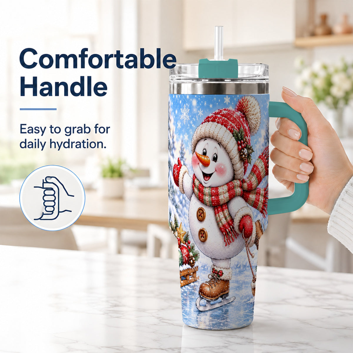 #pl[40oz|Green] Ice Skating Snowman 40oz Tumbler with Handle, Winter Stainless Steel Cup