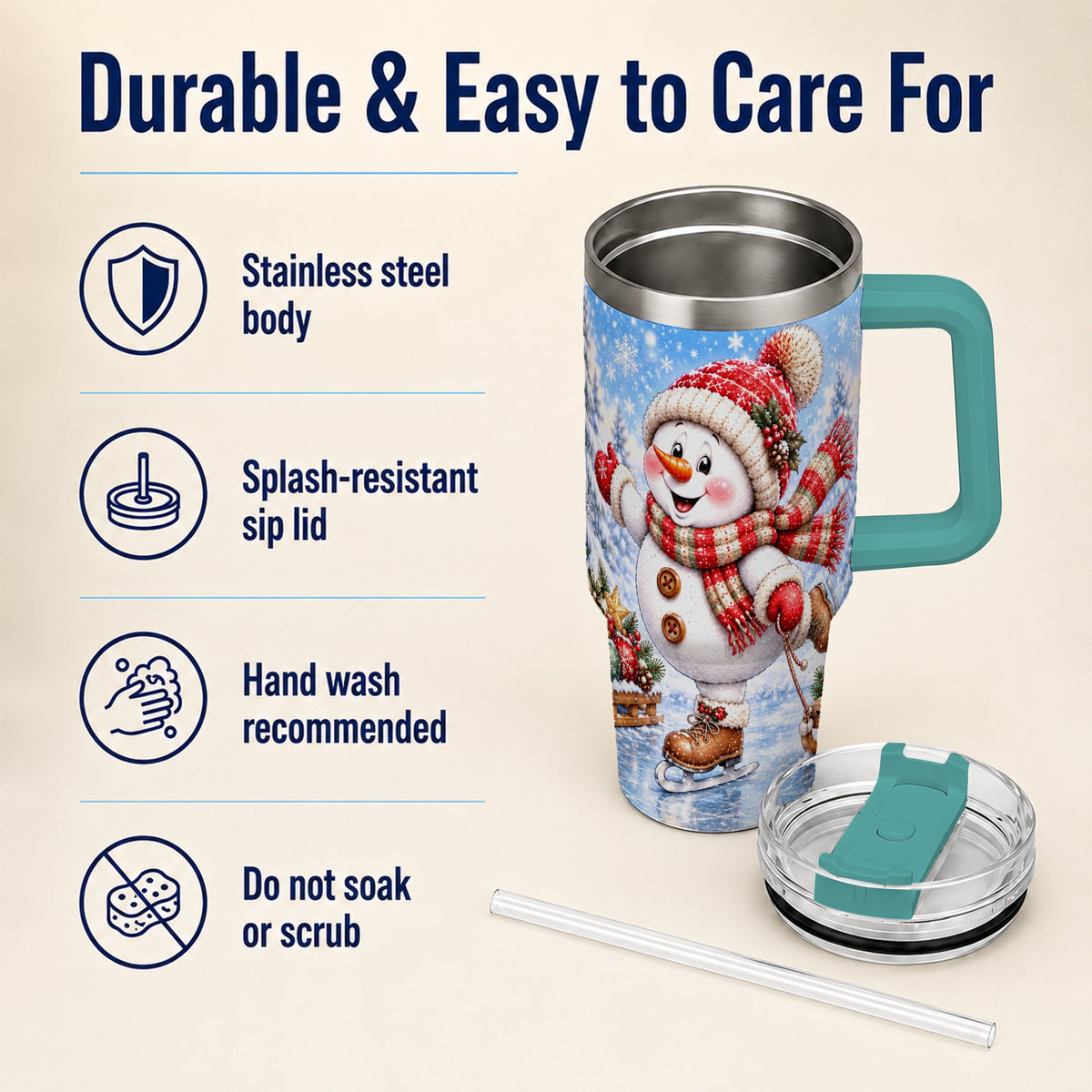 #pl[40oz|Green] Ice Skating Snowman 40oz Tumbler with Handle, Winter Stainless Steel Cup