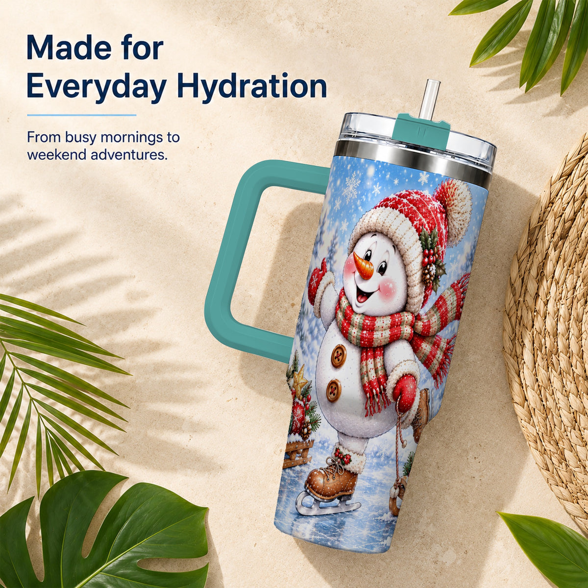 #pl[40oz|Green] Ice Skating Snowman 40oz Tumbler with Handle, Winter Stainless Steel Cup