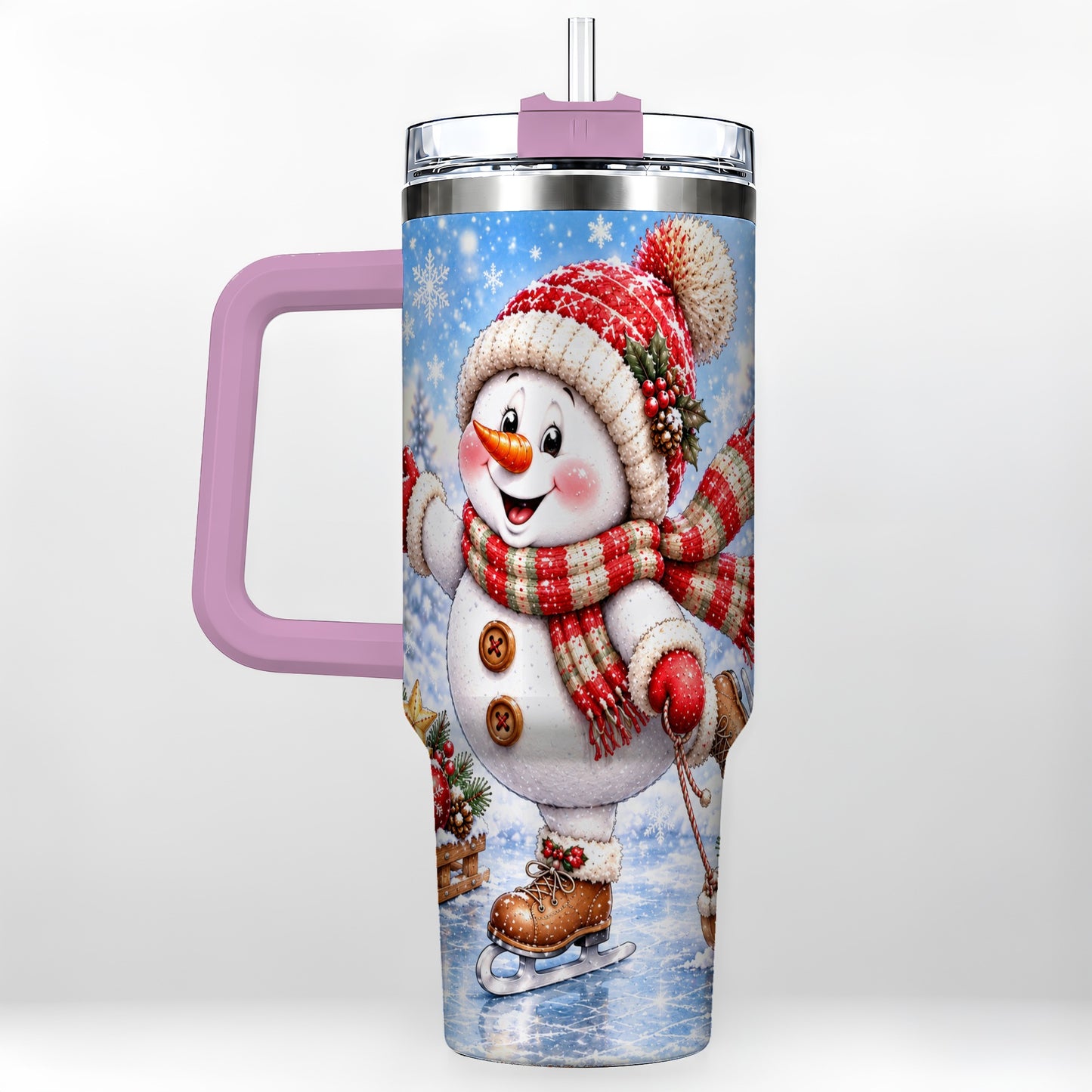 #pl[40oz|Pink] Ice Skating Snowman 40oz Tumbler with Handle, Winter Stainless Steel Cup