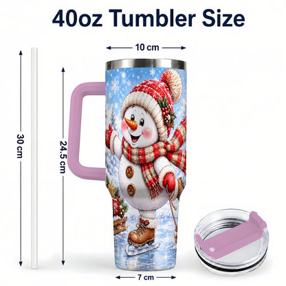 #pl[40oz|Pink] Ice Skating Snowman 40oz Tumbler with Handle, Winter Stainless Steel Cup