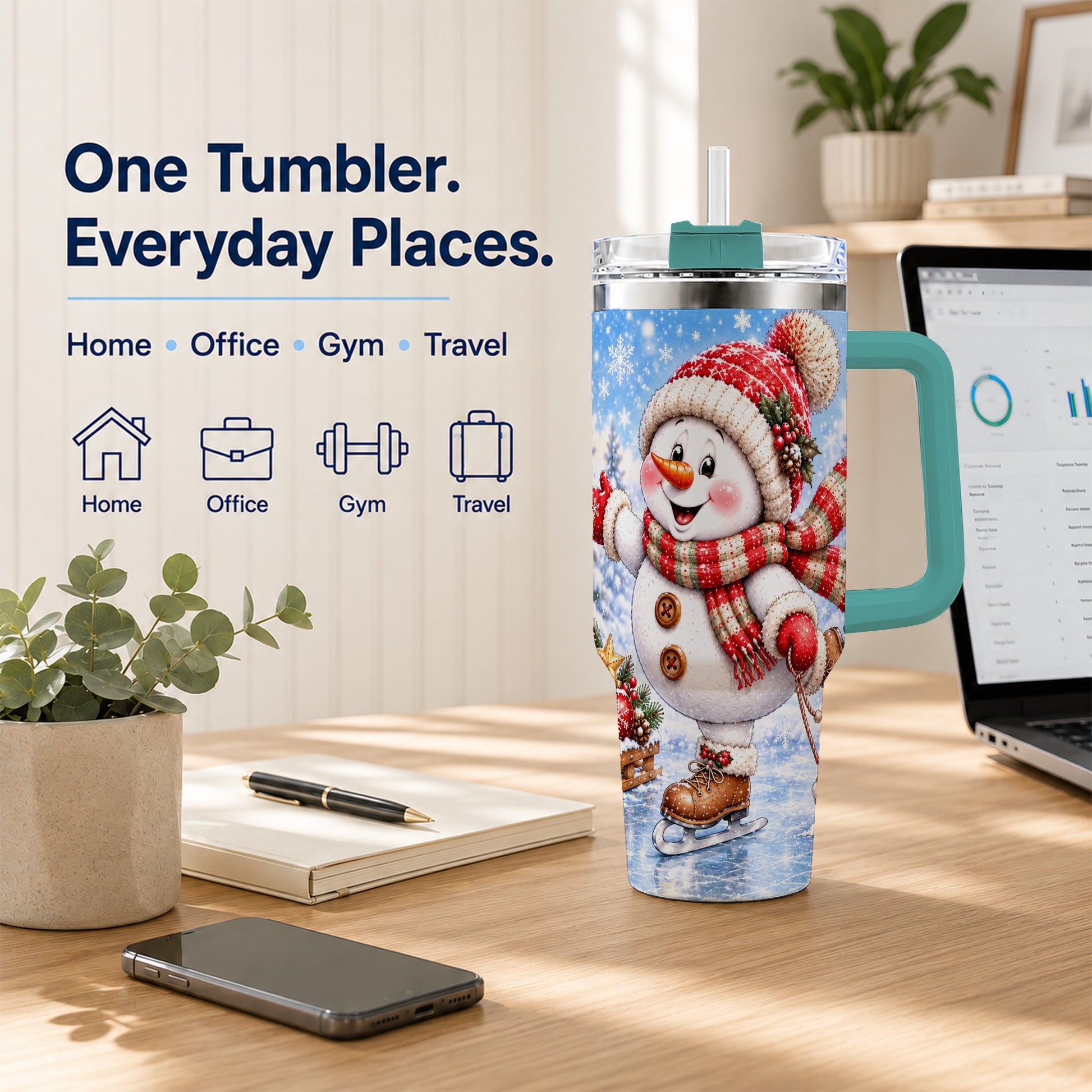 #pl[40oz|Green] Ice Skating Snowman 40oz Tumbler with Handle, Winter Stainless Steel Cup