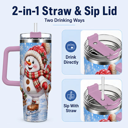#pl[40oz|Pink] Ice Skating Snowman 40oz Tumbler with Handle, Winter Stainless Steel Cup