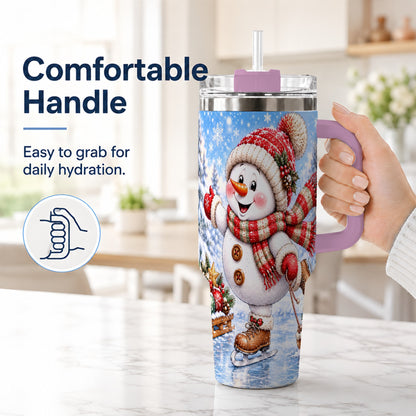 #pl[40oz|Pink] Ice Skating Snowman 40oz Tumbler with Handle, Winter Stainless Steel Cup
