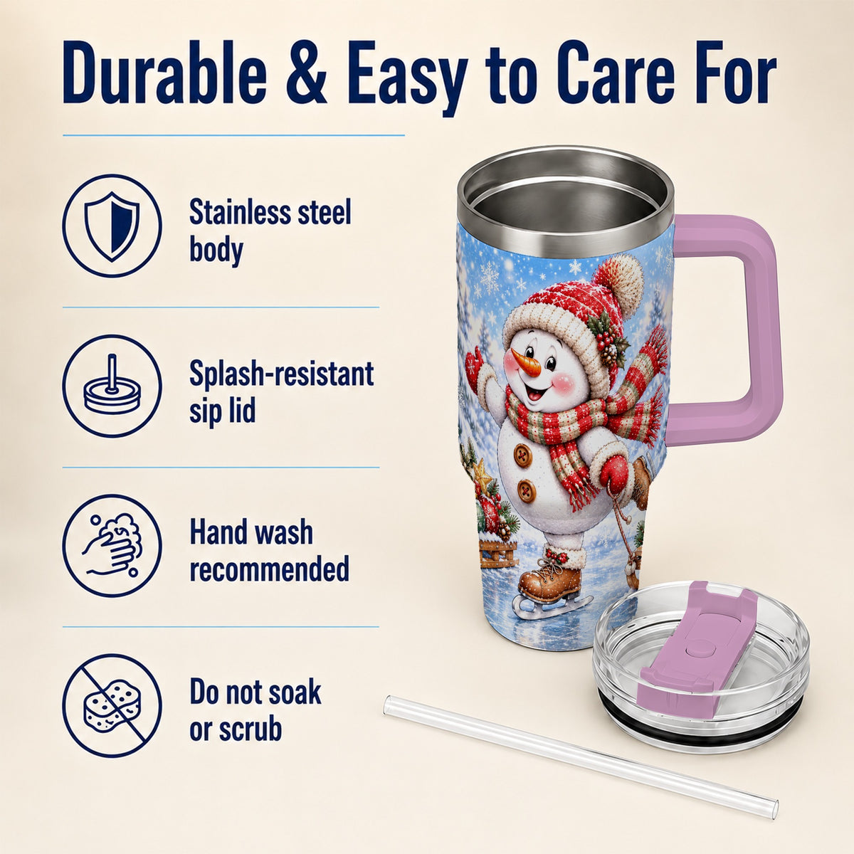 #pl[40oz|Pink] Ice Skating Snowman 40oz Tumbler with Handle, Winter Stainless Steel Cup