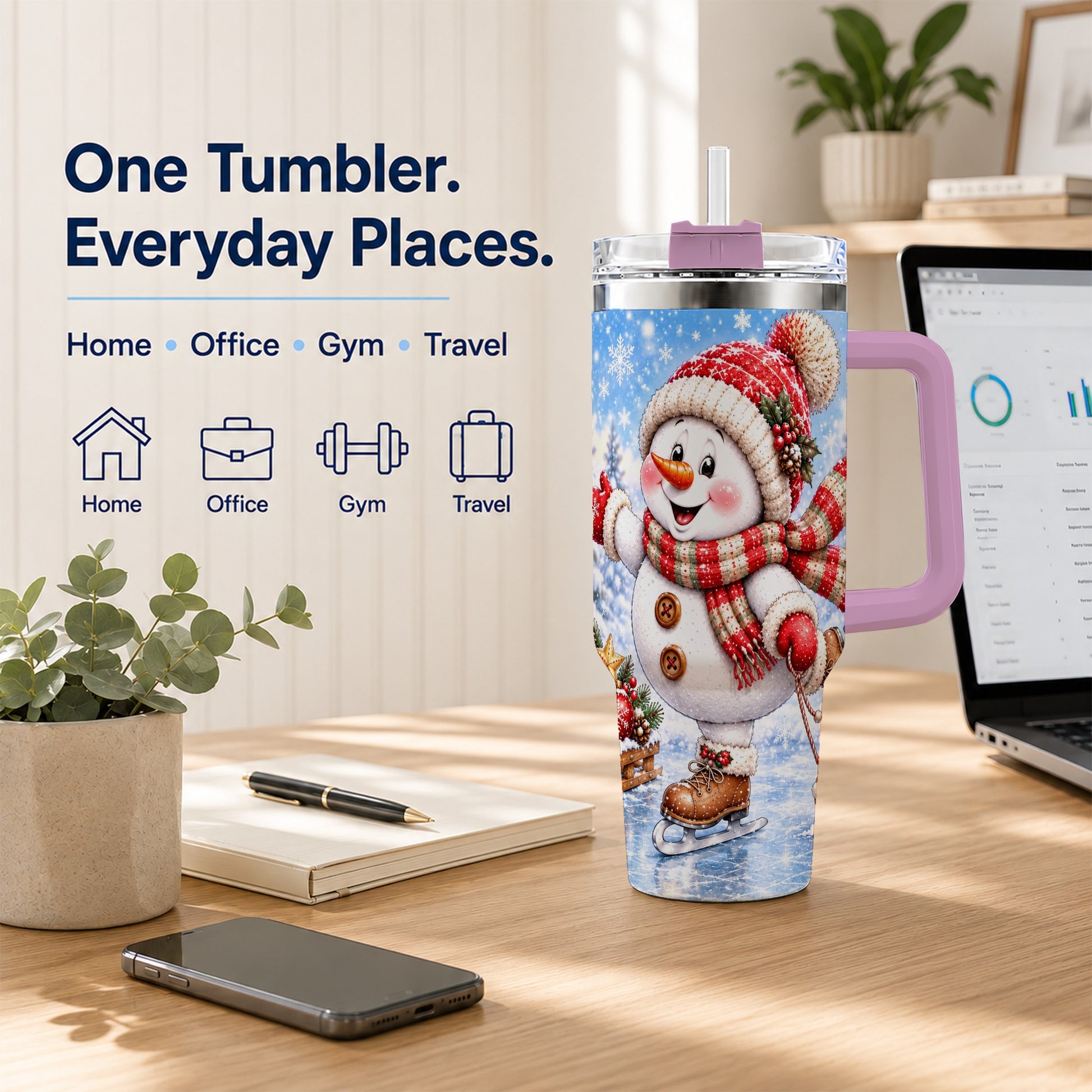 #pl[40oz|Pink] Ice Skating Snowman 40oz Tumbler with Handle, Winter Stainless Steel Cup