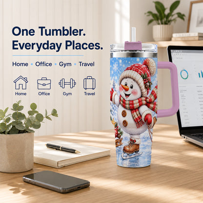 #pl[40oz|Pink] Ice Skating Snowman 40oz Tumbler with Handle, Winter Stainless Steel Cup
