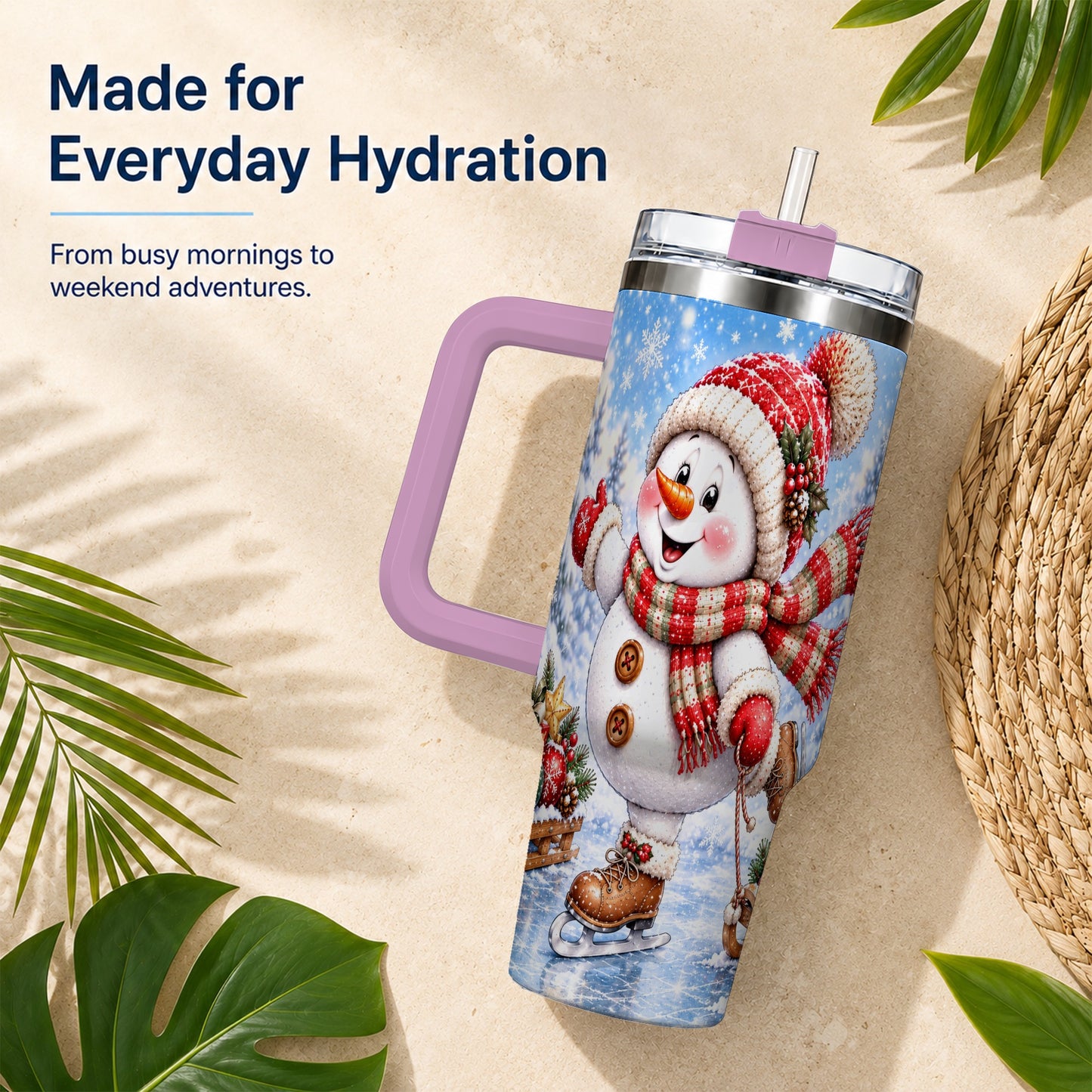 #pl[40oz|Pink] Ice Skating Snowman 40oz Tumbler with Handle, Winter Stainless Steel Cup