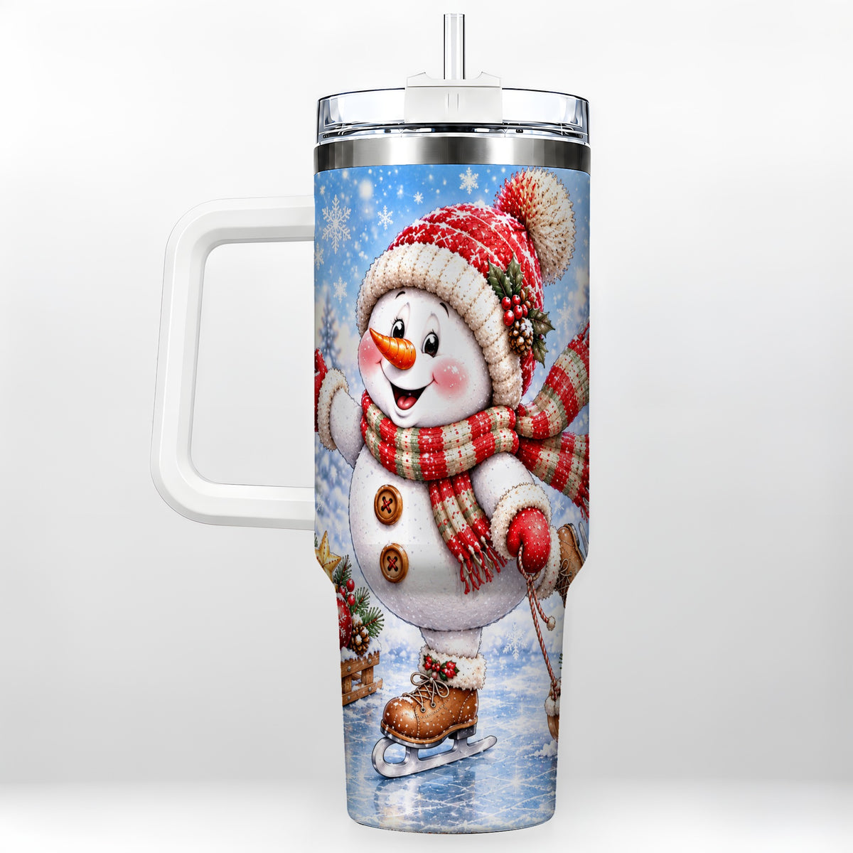 Ice Skating Snowman 40oz Tumbler with Handle, Winter Stainless Steel Cup