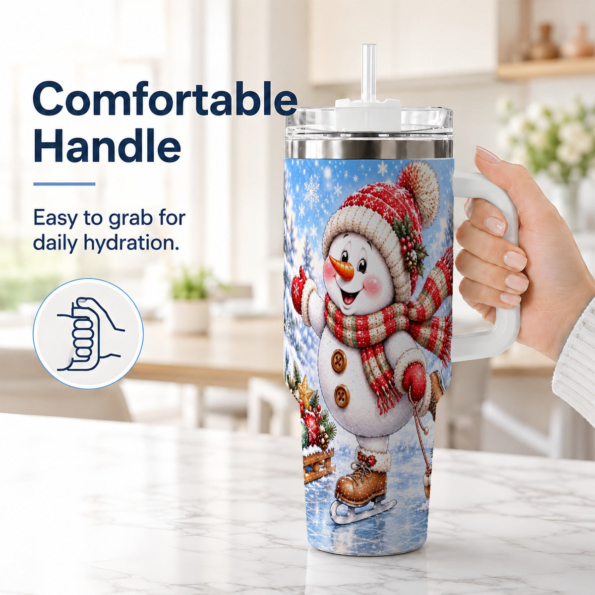 #pl[40oz|White] Ice Skating Snowman 40oz Tumbler with Handle, Winter Stainless Steel Cup