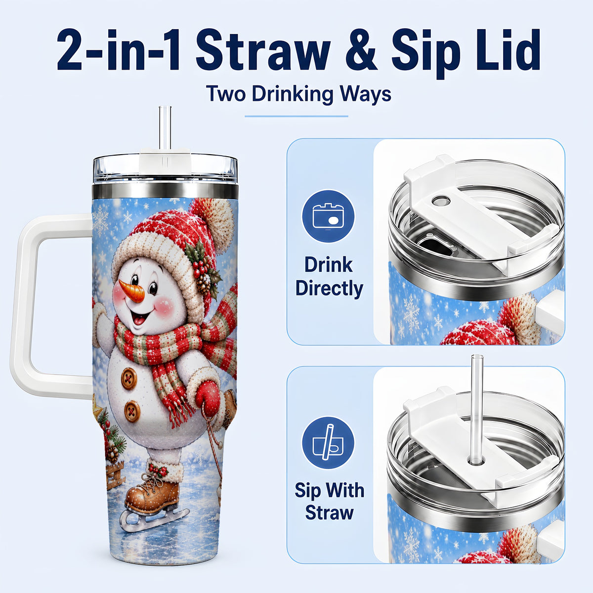 #pl[40oz|White] Ice Skating Snowman 40oz Tumbler with Handle, Winter Stainless Steel Cup