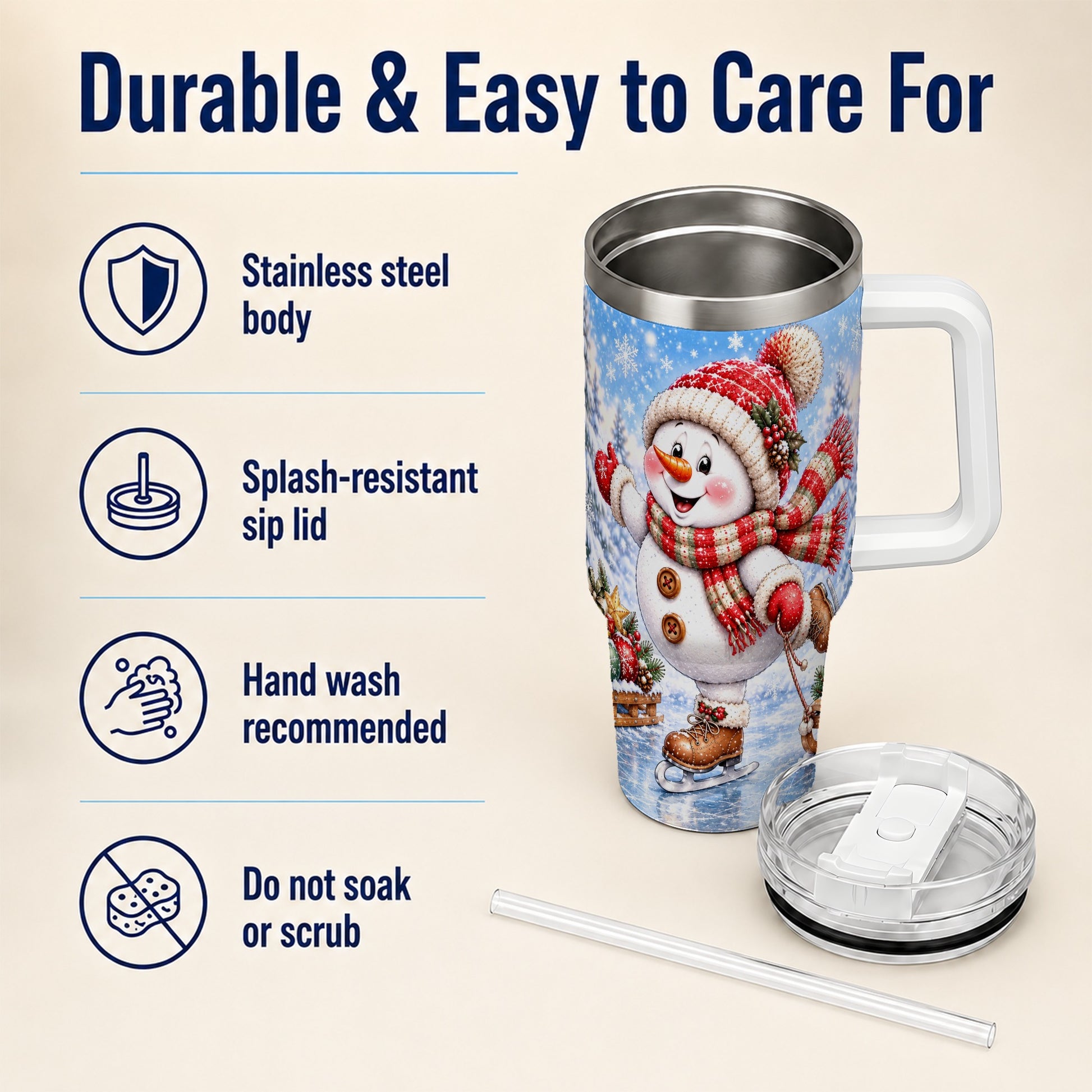 #pl[40oz|White] Ice Skating Snowman 40oz Tumbler with Handle, Winter Stainless Steel Cup