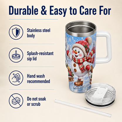 #pl[40oz|White] Ice Skating Snowman 40oz Tumbler with Handle, Winter Stainless Steel Cup