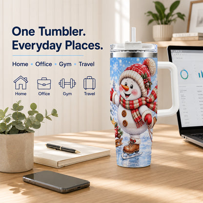 #pl[40oz|White] Ice Skating Snowman 40oz Tumbler with Handle, Winter Stainless Steel Cup
