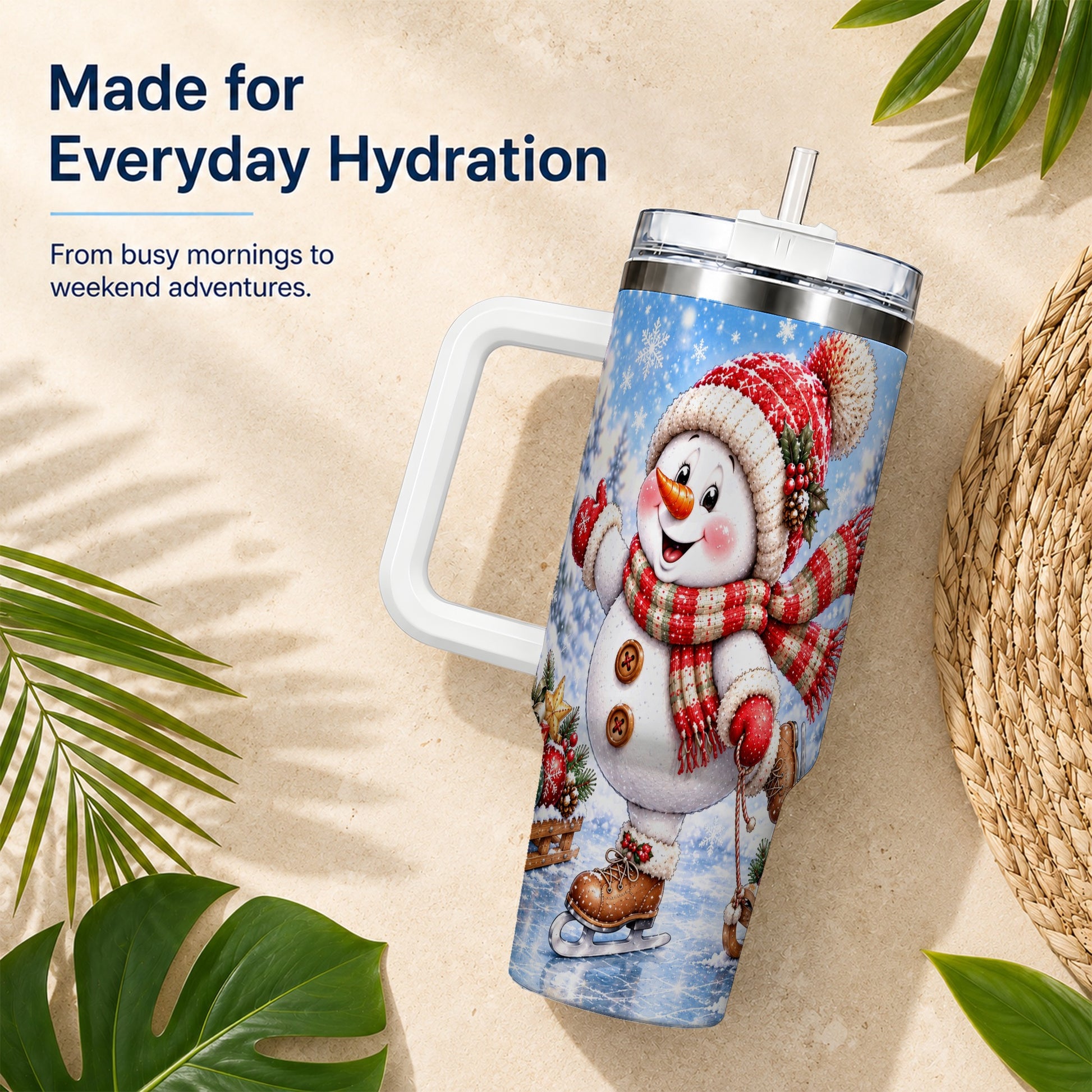 #pl[40oz|White] Ice Skating Snowman 40oz Tumbler with Handle, Winter Stainless Steel Cup