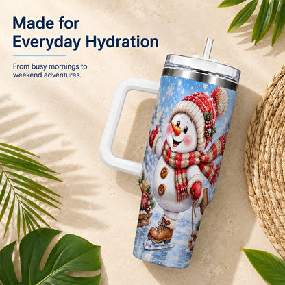 #pl[40oz|White] Ice Skating Snowman 40oz Tumbler with Handle, Winter Stainless Steel Cup