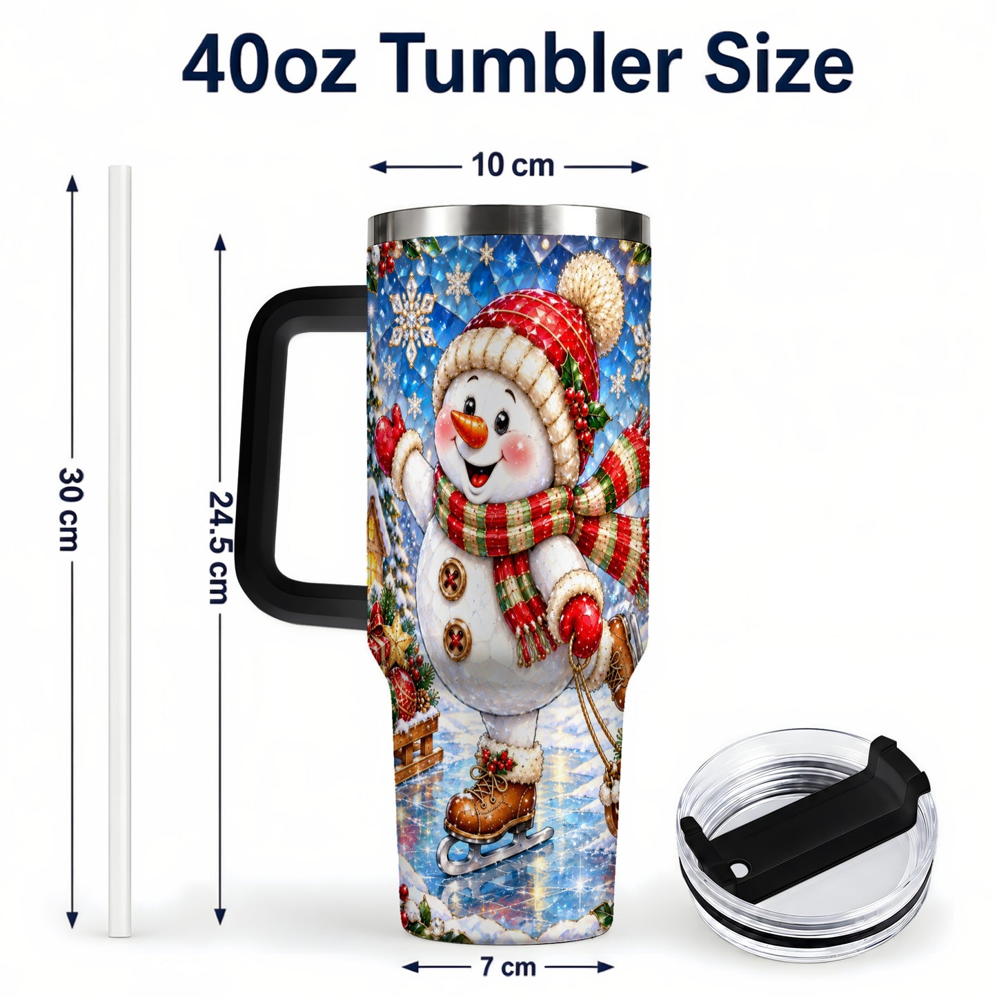#pl[40oz|Black] Jeweled Snowman 40oz Tumbler with Handle, Winter Stainless Steel Cup