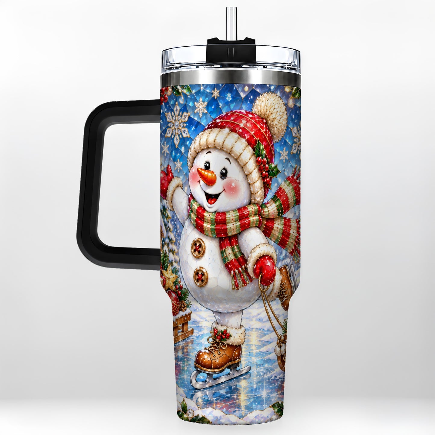 #pl[40oz|Black] Jeweled Snowman 40oz Tumbler with Handle, Winter Stainless Steel Cup