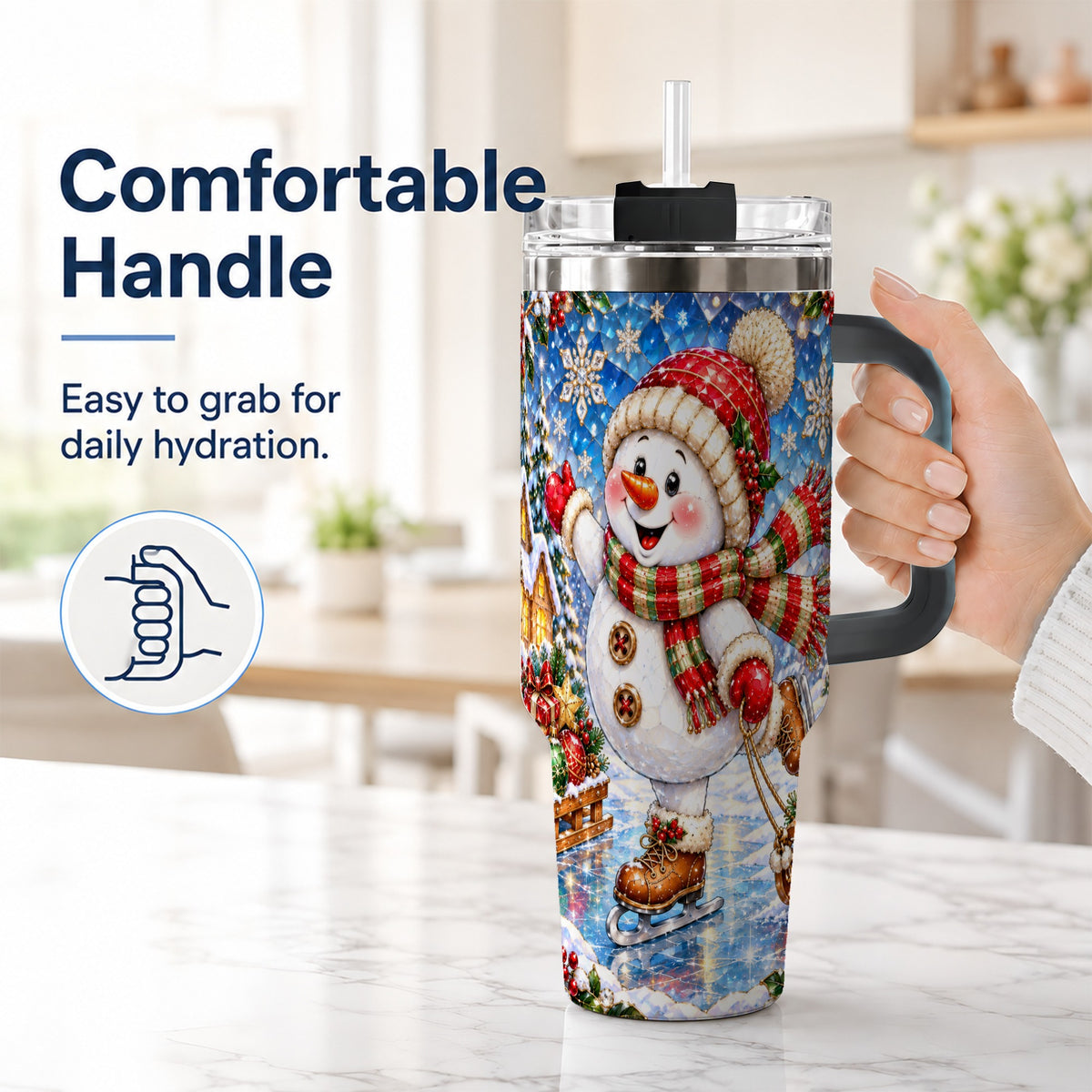 #pl[40oz|Black] Jeweled Snowman 40oz Tumbler with Handle, Winter Stainless Steel Cup