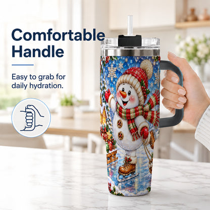 #pl[40oz|Black] Jeweled Snowman 40oz Tumbler with Handle, Winter Stainless Steel Cup