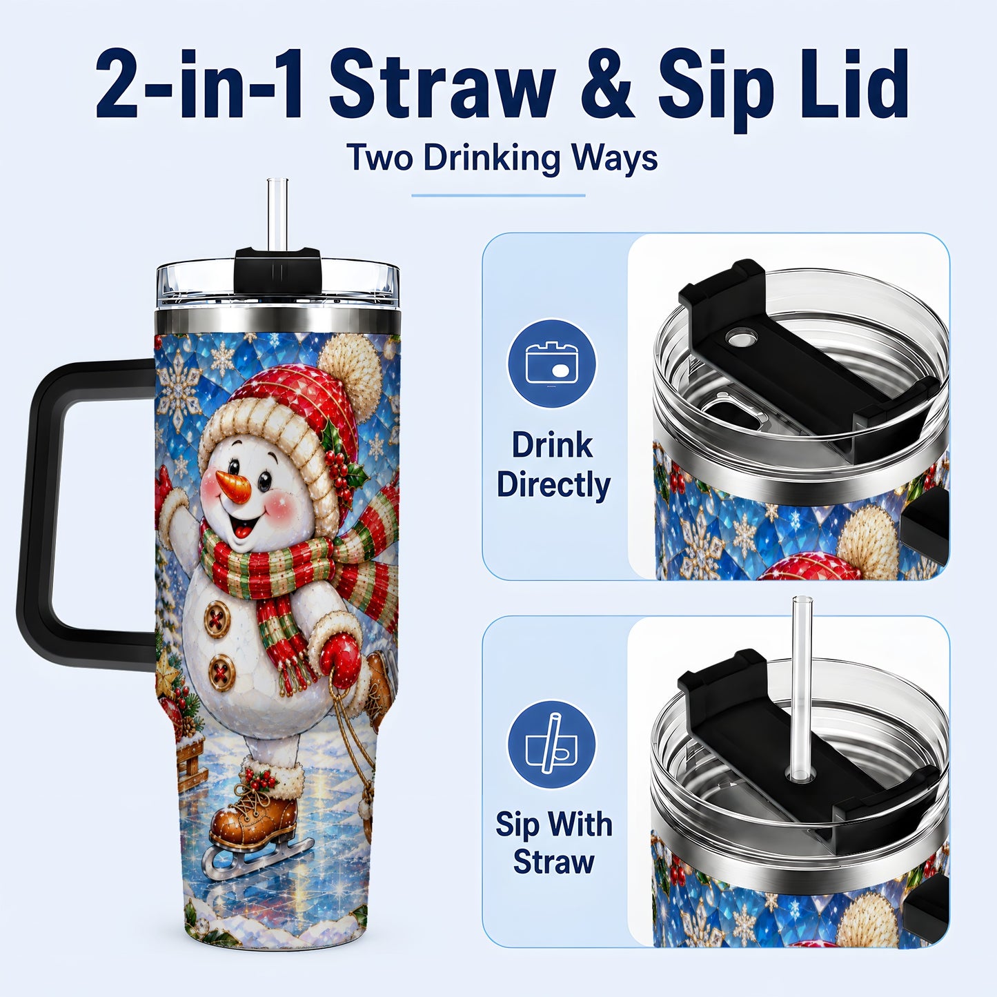 #pl[40oz|Black] Jeweled Snowman 40oz Tumbler with Handle, Winter Stainless Steel Cup