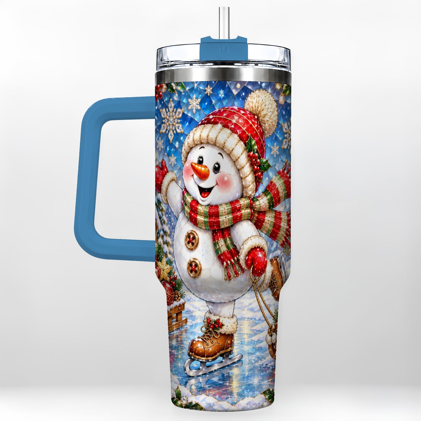 #pl[40oz|Blue] Jeweled Snowman 40oz Tumbler with Handle, Winter Stainless Steel Cup