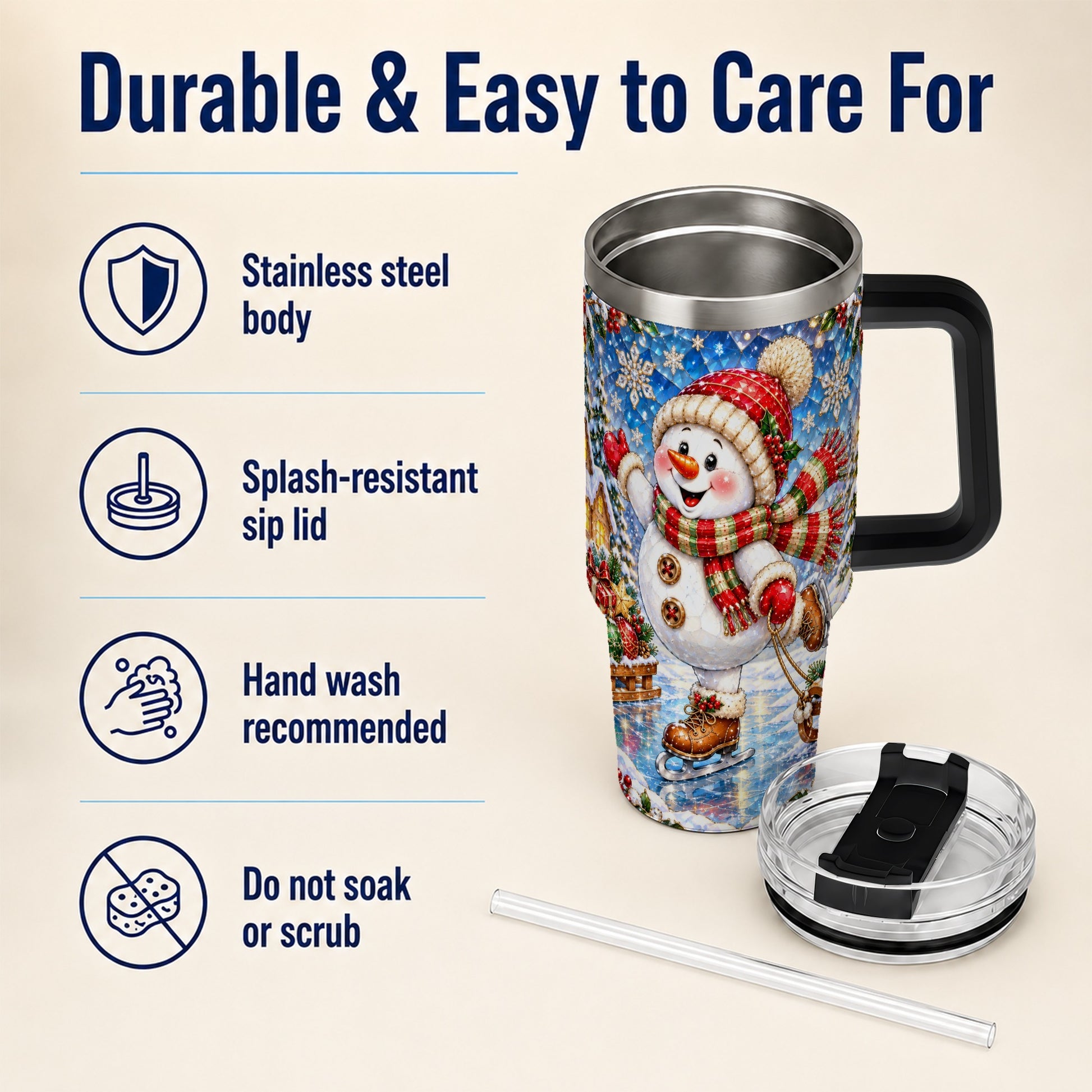 #pl[40oz|Black] Jeweled Snowman 40oz Tumbler with Handle, Winter Stainless Steel Cup